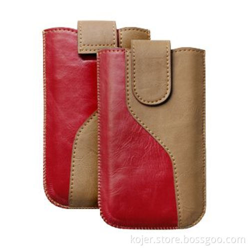 Leather Mobile Phone Pouches with Hidden Magnetic Button and Retractable Pull-tab
